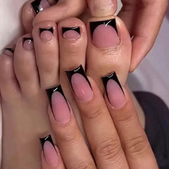 NHIXK black French-tip press-on toenails, square design for quick pedicure.