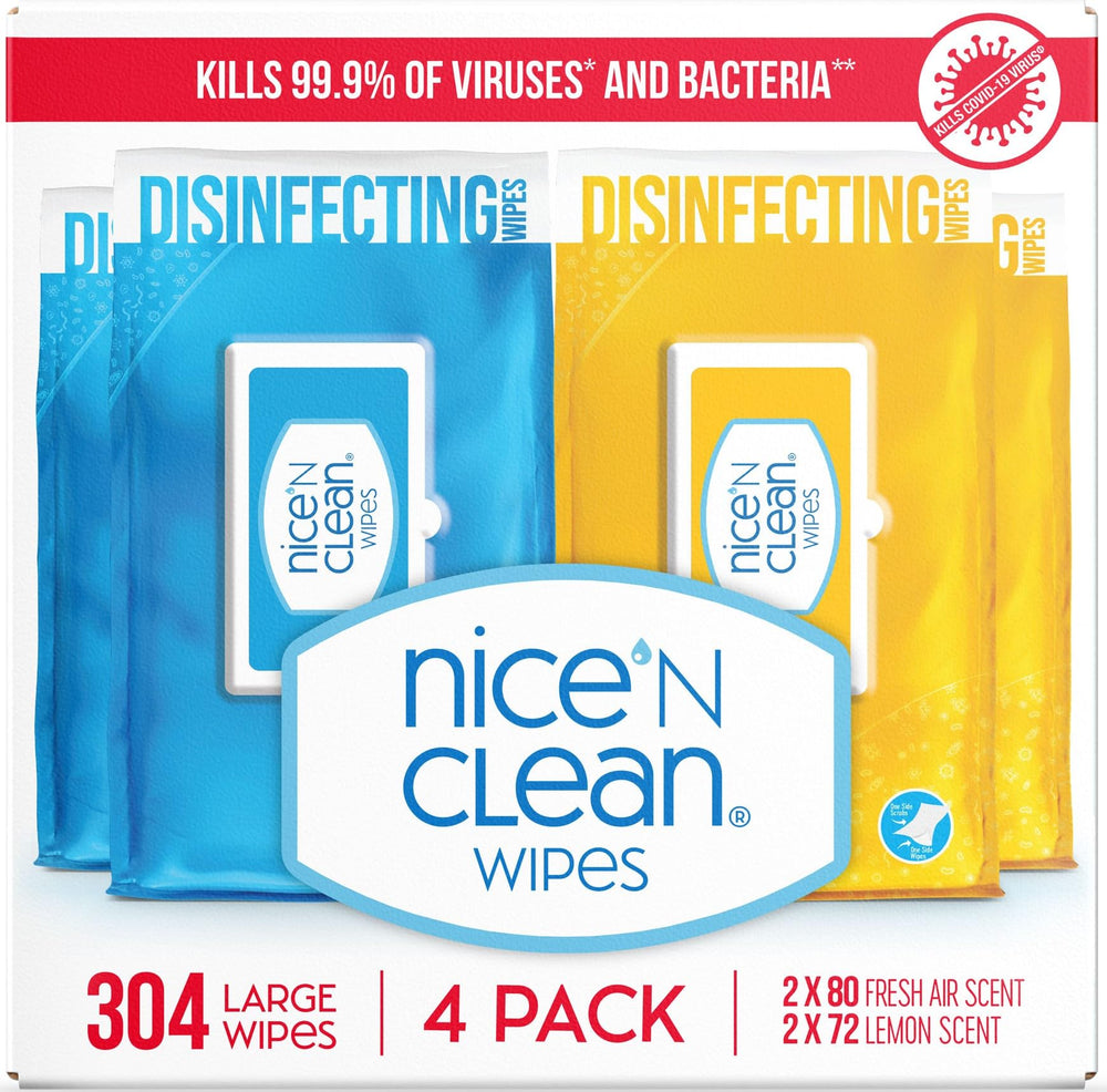 Nice 'N Clean disinfecting wipes in soft-pack packaging for quick home surface cleaning