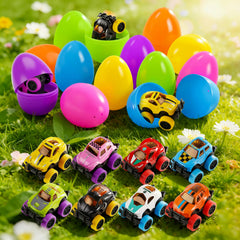 Pull-back monster cars inside Nicknack eggs for quick, fun races.