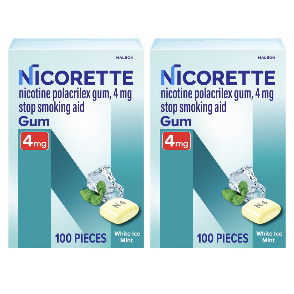 Nicorette 4 mg White Ice Mint gum pack front view for quitting support.