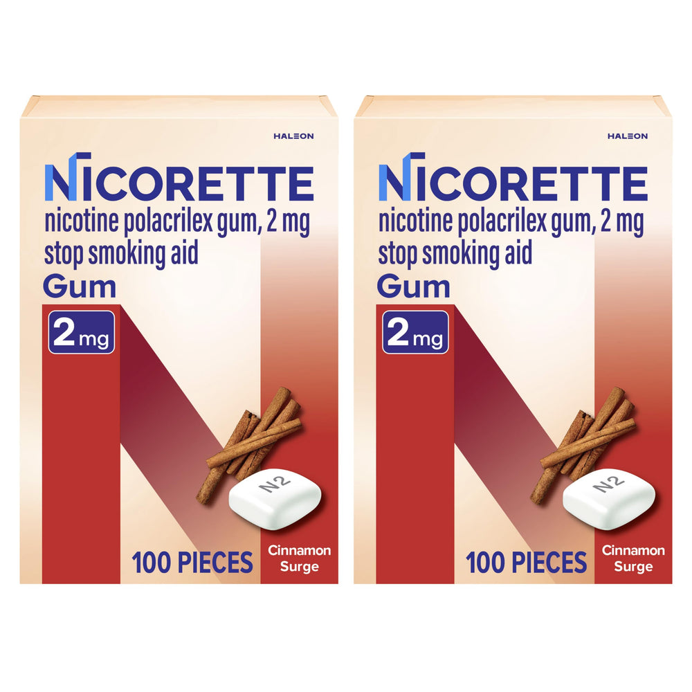 Nicorette Cinnamon Surge packaging shows 2 mg gum for craving control.