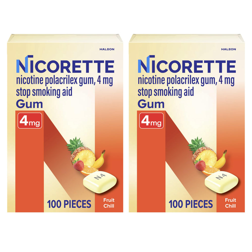 Nicorette Fruit Chill gum pack front for cravings relief on the go.