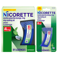 Nicorette Mini Lozenges Peppermint Pack on shelf for fast cravings relief