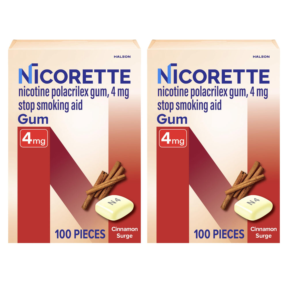 Nicorette Cinnamon Surge gum pack front showing two 100-piece counts for cravings relief.