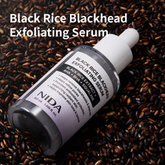 NIDA Black Rice Serum texture closeup shows fine particles for pore refinement.