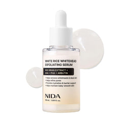 NIDA White Rice Whitehead Serum bottle shown for daily exfoliation and brightening.