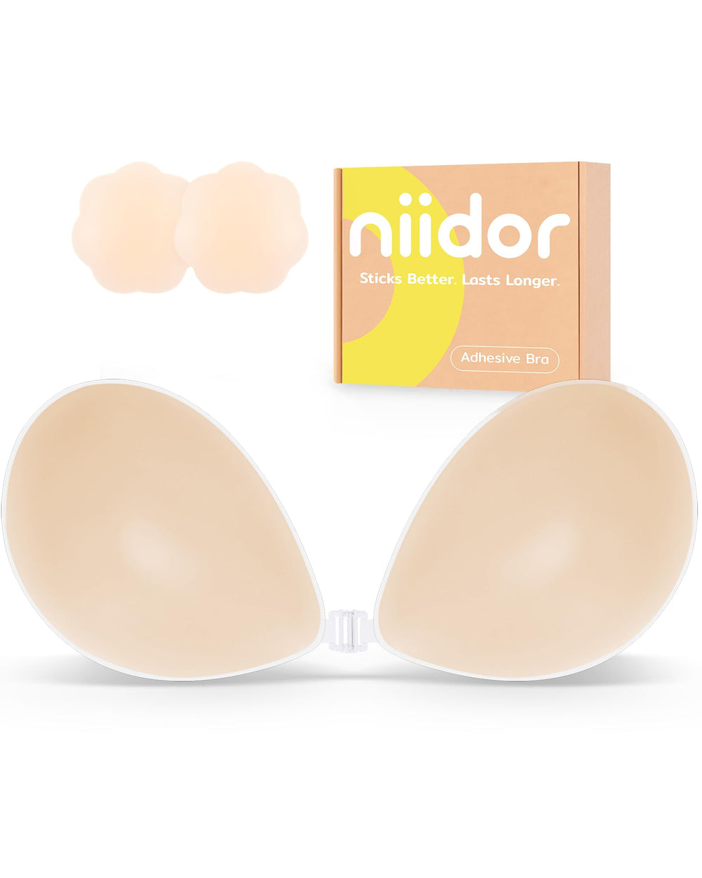 Niidor adhesive bra front view for strapless outfits with secure, comfortable support.