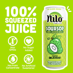 NILO Soursop juice label view highlights purity and no sugar added.