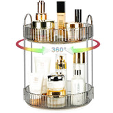 Niluks 360° spin organizer enables easy access to cosmetics on a vanity
