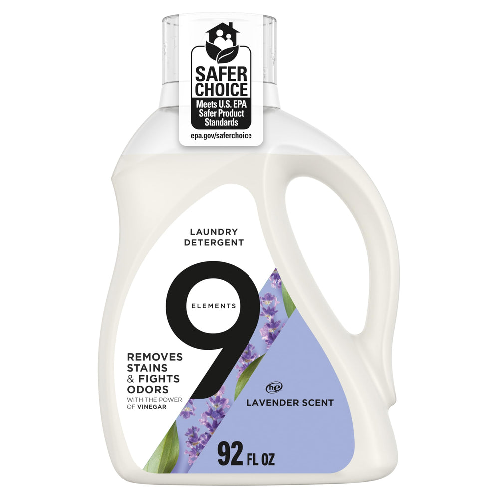 Nine Elements lavender liquid detergent bottle for residue removal.