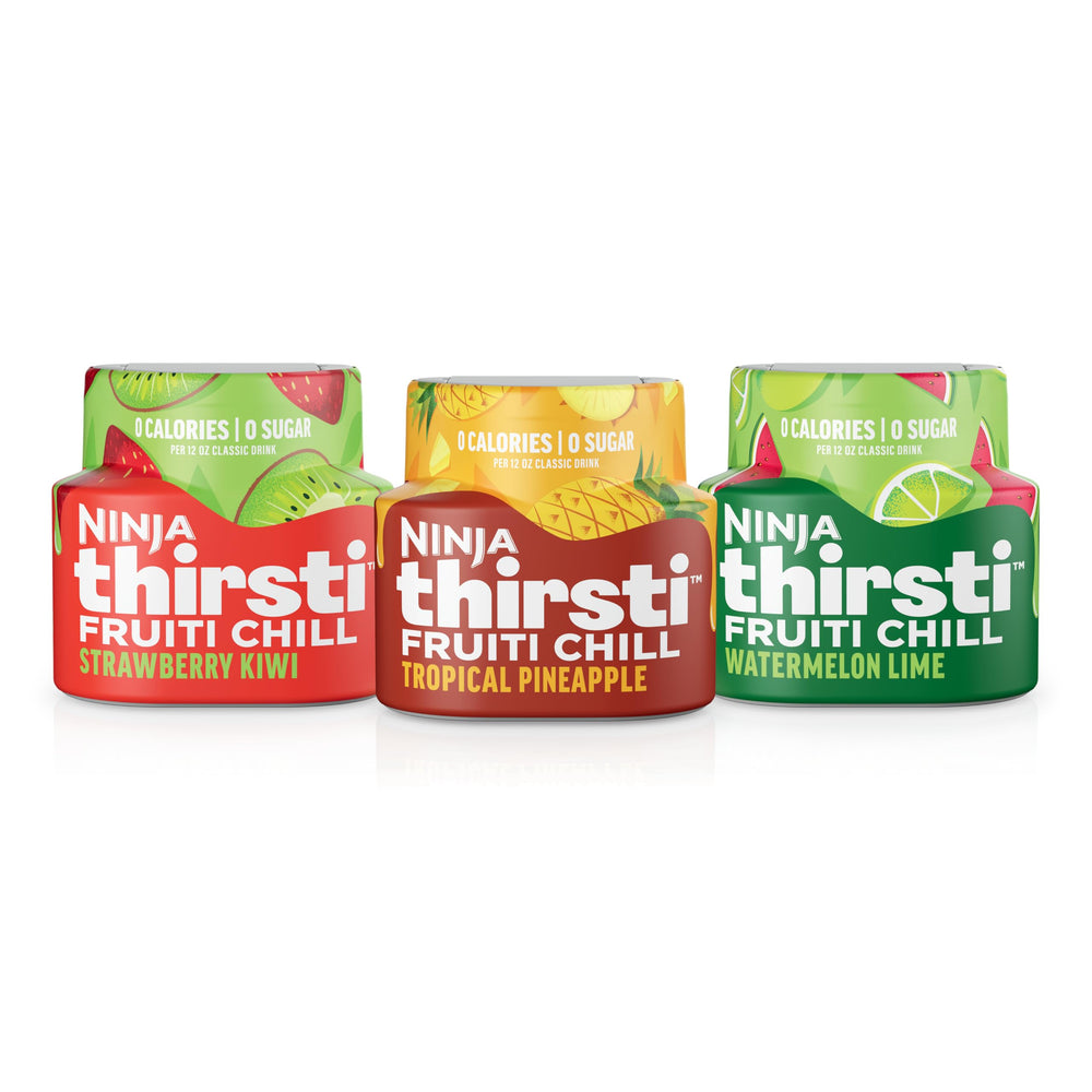 Ninja Thirsti FruitI Chill water drops pack on counter for personalized flavor mixes.