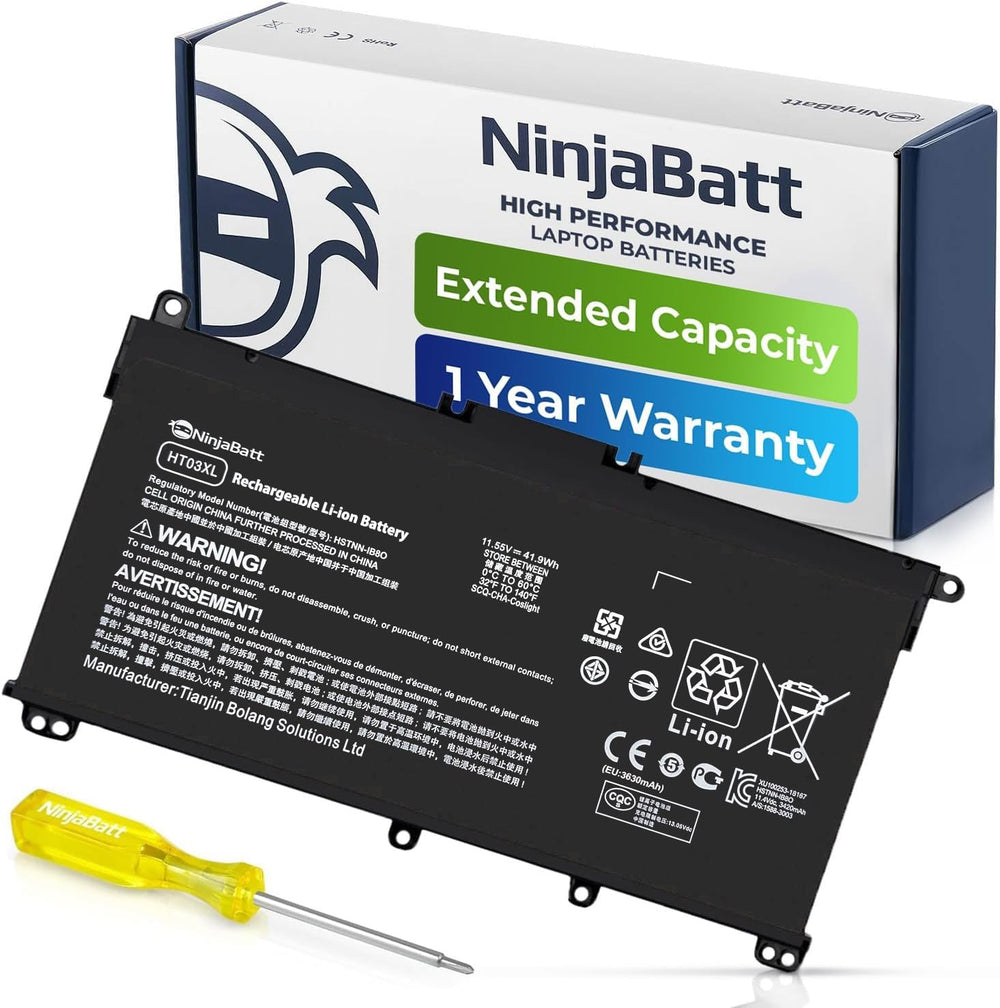 NinjaBatt HT03XL battery close-up highlighting premium cells for reliable HP power