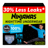 Ninjamas packaging demonstrates reliable overnight protection for kids.