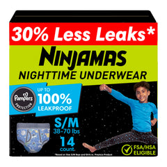Ninjamas packaging demonstrates reliable overnight protection for kids.