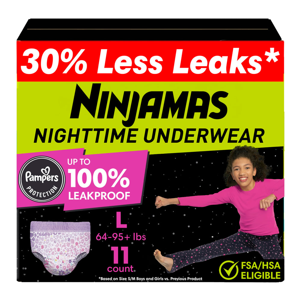 Ninjamas girls night-time underwear coverage shows a snug fit for overnight protection.