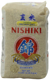 Nishiki Premium Brown Rice 5-Pound Bag on pantry shelf for versatile meals.