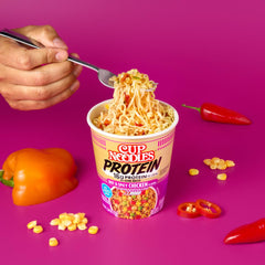 NISSIN Cup Noodles Protein Hot Spicy Chicken nutrition label shows 16g protein per serving.