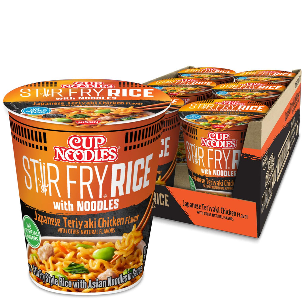 Nissin Cup Noodles Stir Fry Rice with Noodles Teriyaki Chicken cup, ready-to-eat convenience for quick meals.