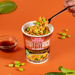 Nissin Cup Noodles Stir Fry Rice with Noodles Teriyaki Chicken, microwavable lunch option in minutes.