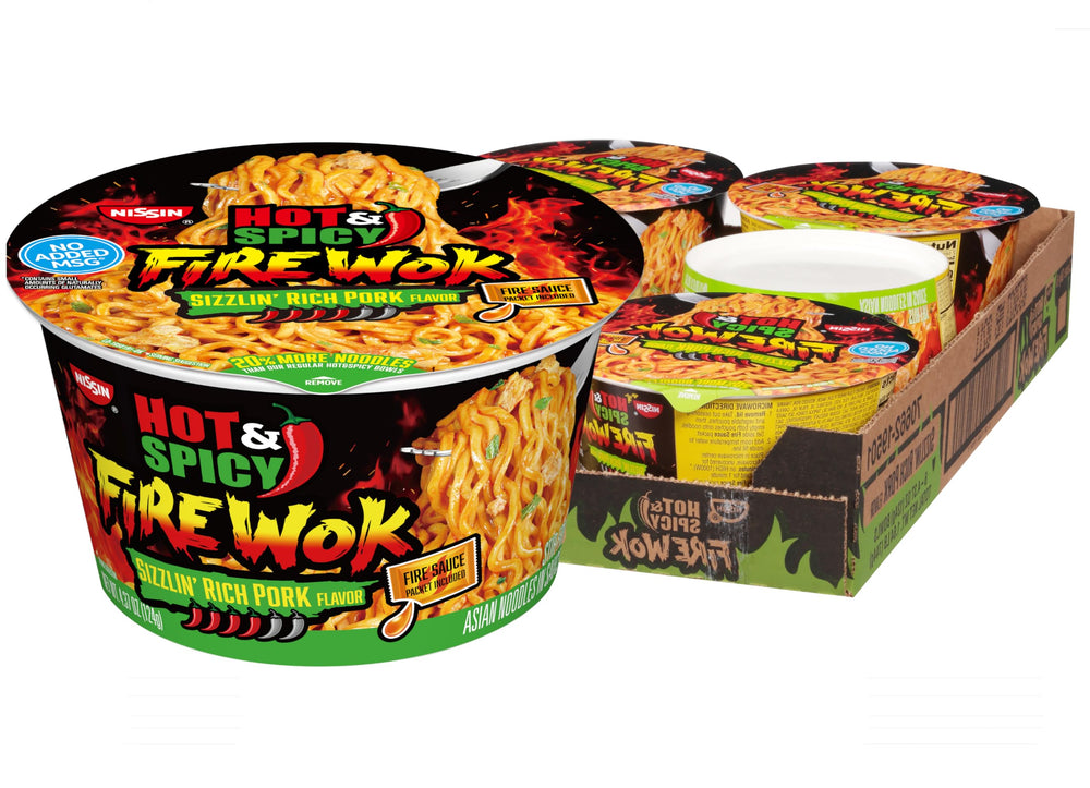 NISSIN Hot & Spicy Fire Wok with signature fire sauce packet for bold, quick flavor.