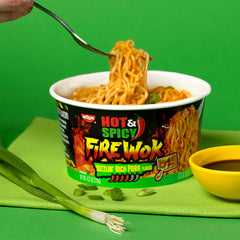 NISSIN Hot & Spicy Fire Wok thick noodles with tapioca starch deliver chewy texture.