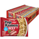 NISSIN Top Ramen Beef bowl with broth and noodles for a quick, satisfying meal.