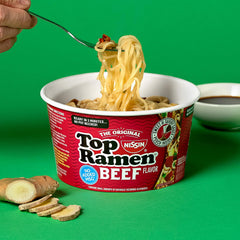 Nissin Top Ramen Beef noodles close-up showing hearty texture.