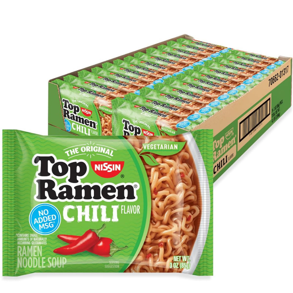Nissin Top Ramen Chili bowl steaming, a quick ready-to-eat meal.