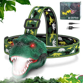 Nitigo dinosaur headlamp worn by a kid during outdoor play with bright light.