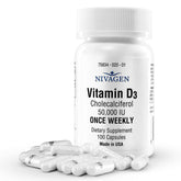 Nivagen Vitamin D3 bottle showing 50,000 IU weekly dose for bone support
