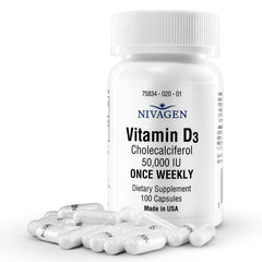 Nivagen Vitamin D3 bottle showing 50,000 IU weekly dose for bone support