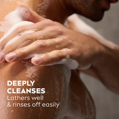 Rich lather splash demonstrating cleansing foam for face, body, and hair.