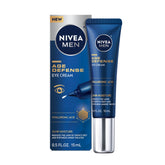 NIVEA MEN Age Defense Eye Cream bottle pouring hydration under eyes