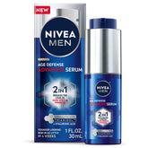 NIVEA MEN Age Defense serum bottle in view, showcasing sleek packaging for daily skin care.