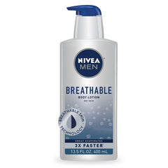 NIVEA MEN Breathable Body Lotion bottle shows long-lasting hydration and fresh feel.