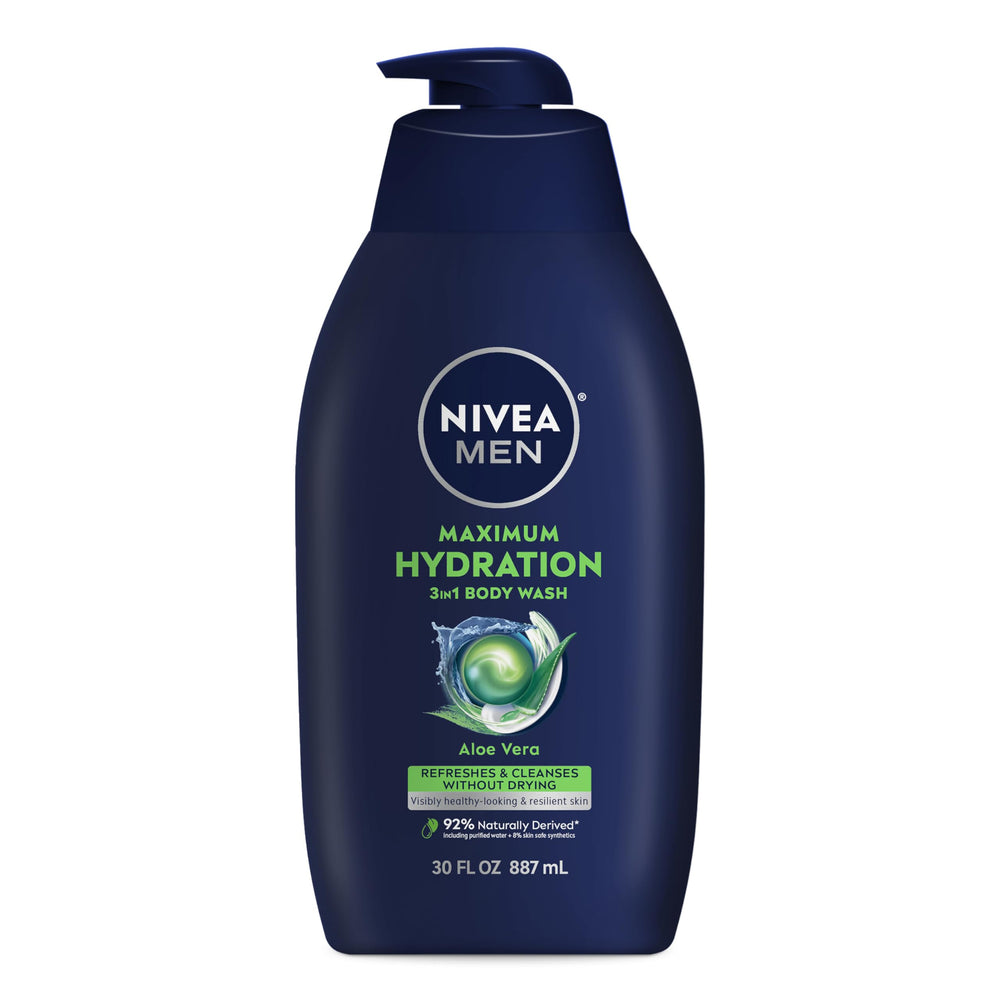 NIVEA MEN Maximum Hydration bottle front with Aloe Vera for dry skin.
