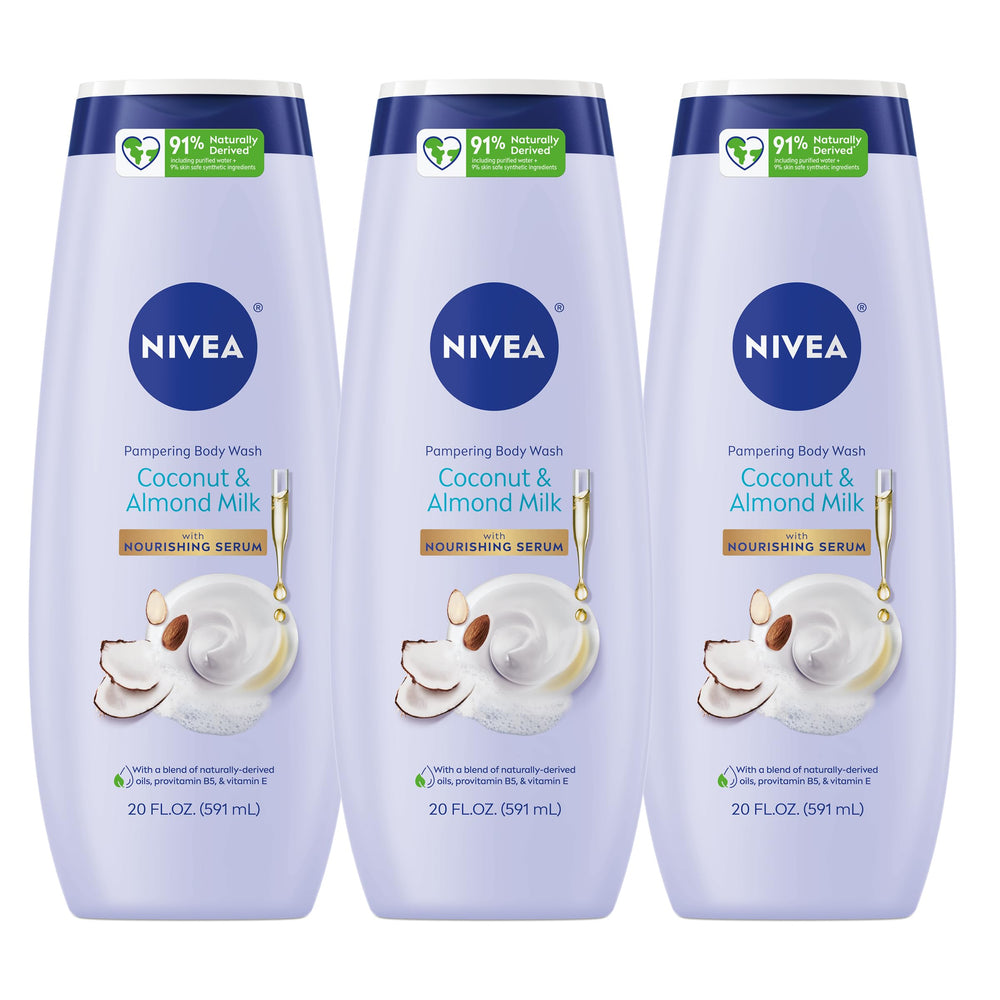 NIVEA Pampering Coconut and Almond Milk Body Wash bottle with nourishing serum for daily moisture.