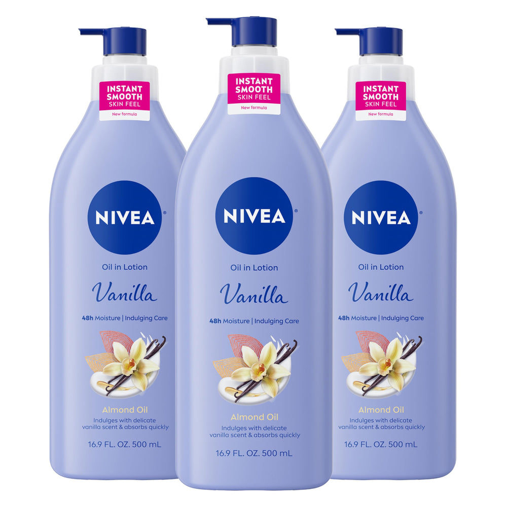 NIVEA vanilla-almond-oil-body-lotion-bottle provides long-lasting moisture for daily use.