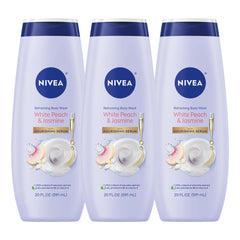 NIVEA White Peach and Jasmine body wash bottle front for a refreshing cleanse.