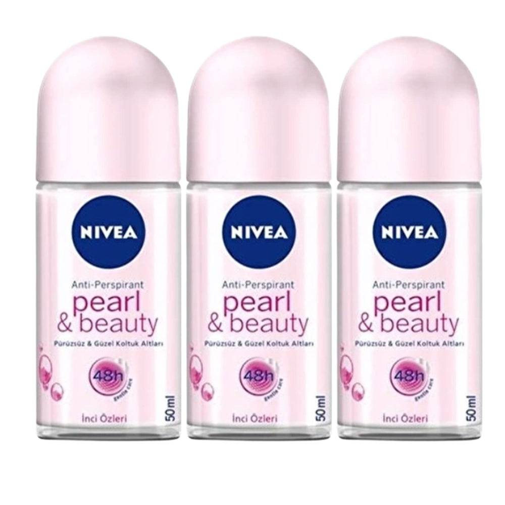 NIVEA Pearl & Beauty three-pack deodorant roll-ons with 50ml bottles for daily freshness.