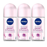 NIVEA Pearl & Beauty three-pack deodorant roll-ons with 50ml bottles for daily freshness.