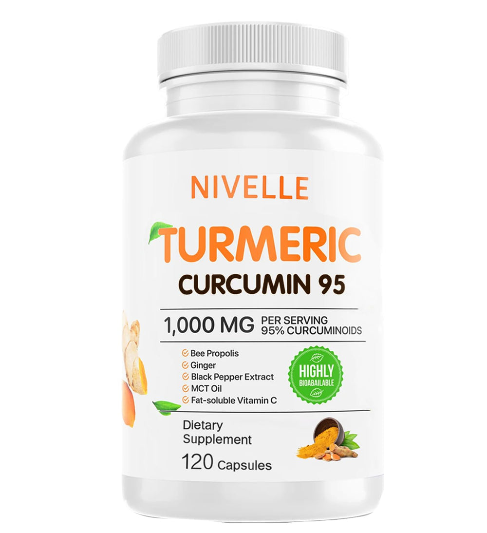 NIVELLE Turmeric Curcumin bottle front showing 120 capsules for daily joint support