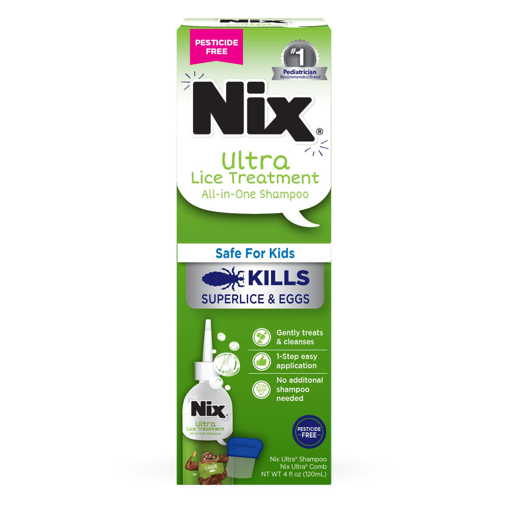 Nix Ultra All-in-One Shampoo bottle pouring, showcasing a safe, pesticide-free formula