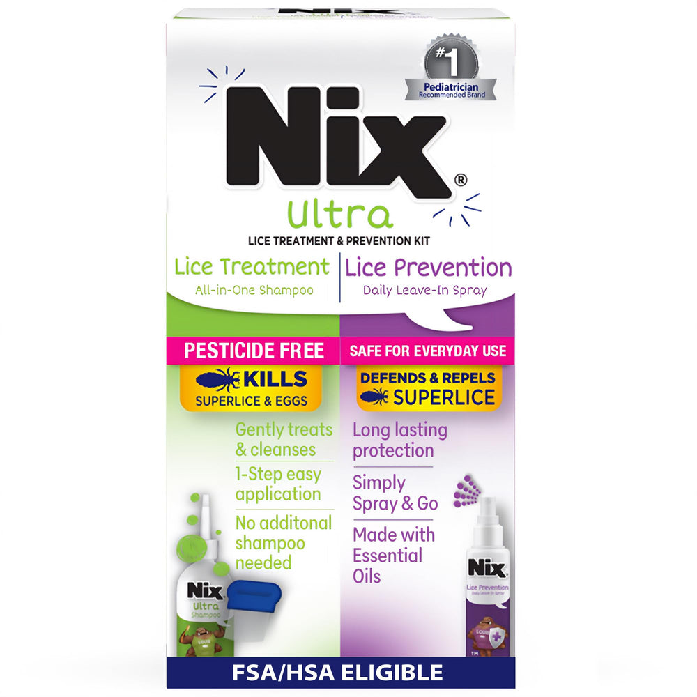 Nix Ultra All-in-One Shampoo bottle demonstrates lice treatment and cleansing.