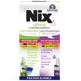 Nix Ultra All-in-One Shampoo bottle demonstrates lice treatment and cleansing.