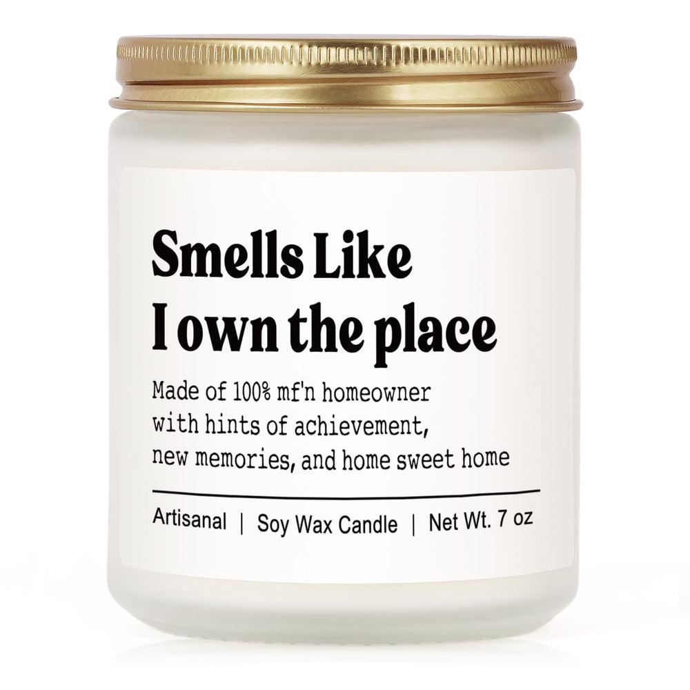 Niyewsor candle label with humorous message for new homeowners