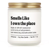Niyewsor candle label with humorous message for new homeowners