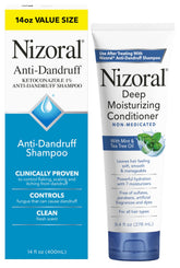Nizoral Anti-Dandruff Shampoo bottle highlighting 1% ketoconazole for scalp care.
