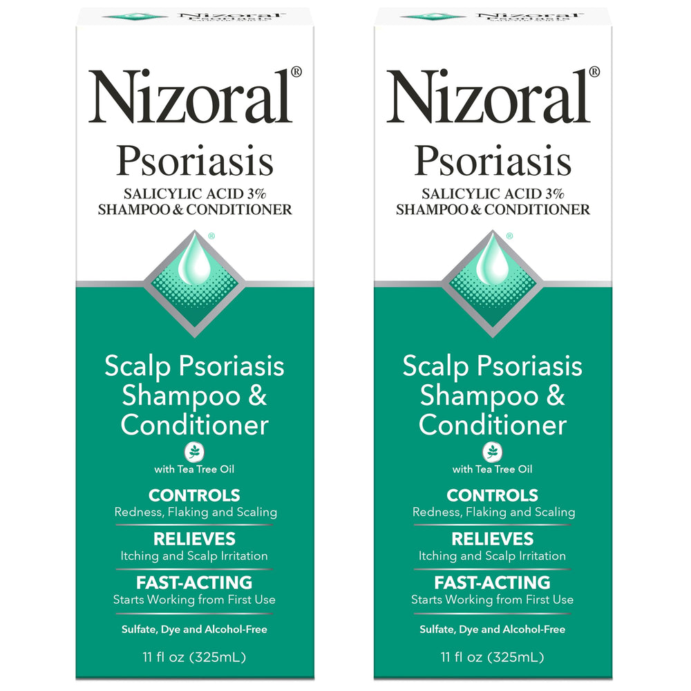 Nizoral psoriasis shampoo bottle highlighting medicated formula for itchy scalp relief.