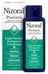 Nizoral psoriasis shampoo bottle highlighting soothing scalp relief.